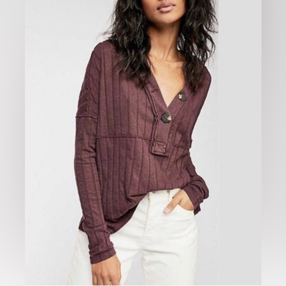 Free People We The Free In The Mix Burgundy Henley Size Large Oversized - Picture 1 of 12